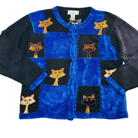 Lisa international Sweaters - Lisa International Vintage Cat Patchwork Cardigan Blue Black Knit Sweater Large